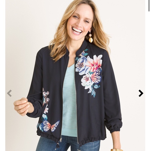 Chico’s Reversible Striped to Butterfly Garden Print Bomber Jacket - Picture 2 of 11